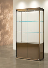The Precision TM/95VM, a modern lockable glass display cabinet with adjustable shelves and a powder-coated steel frame, stands in an empty, well-lit room with beige tiled floors and a textured bronze-colored wall.